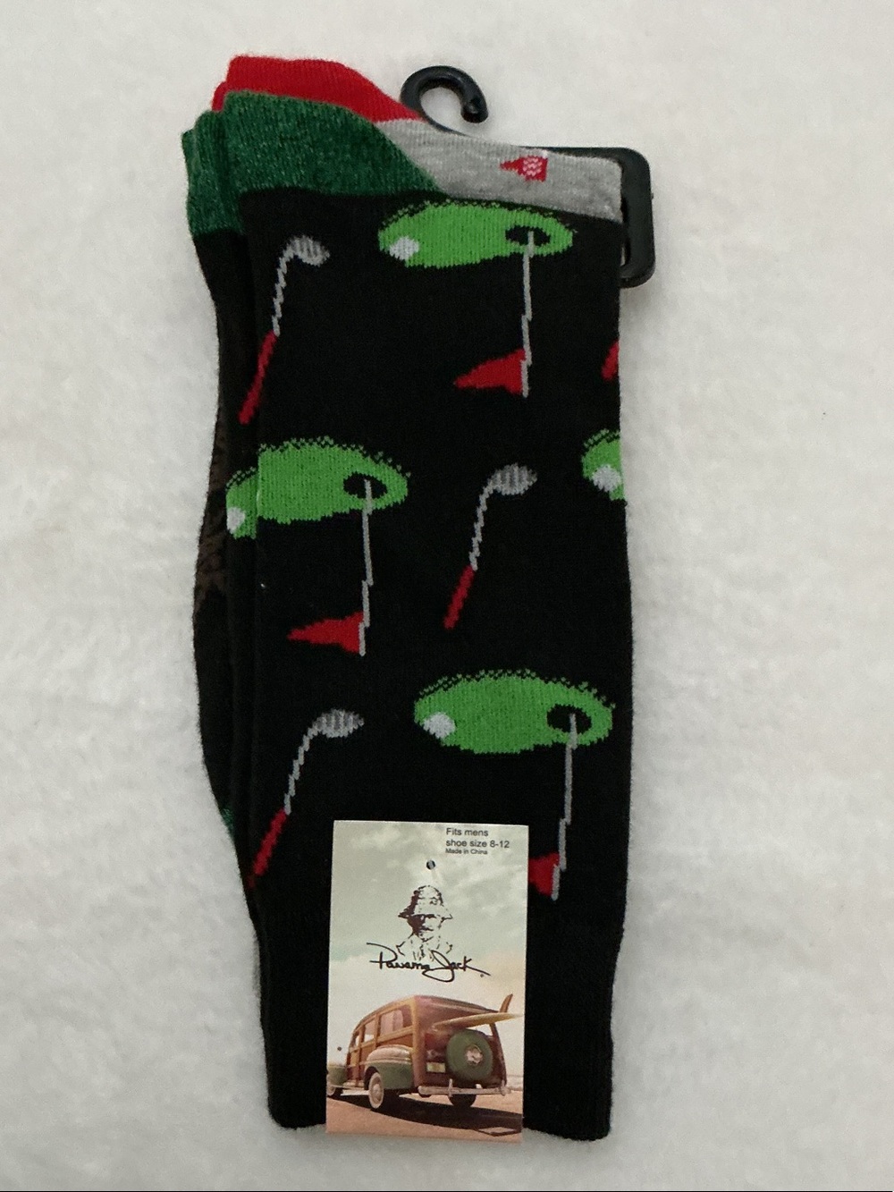 Panama Jack Black Crew Socks with Green Golf Bag & Red Flag Accents